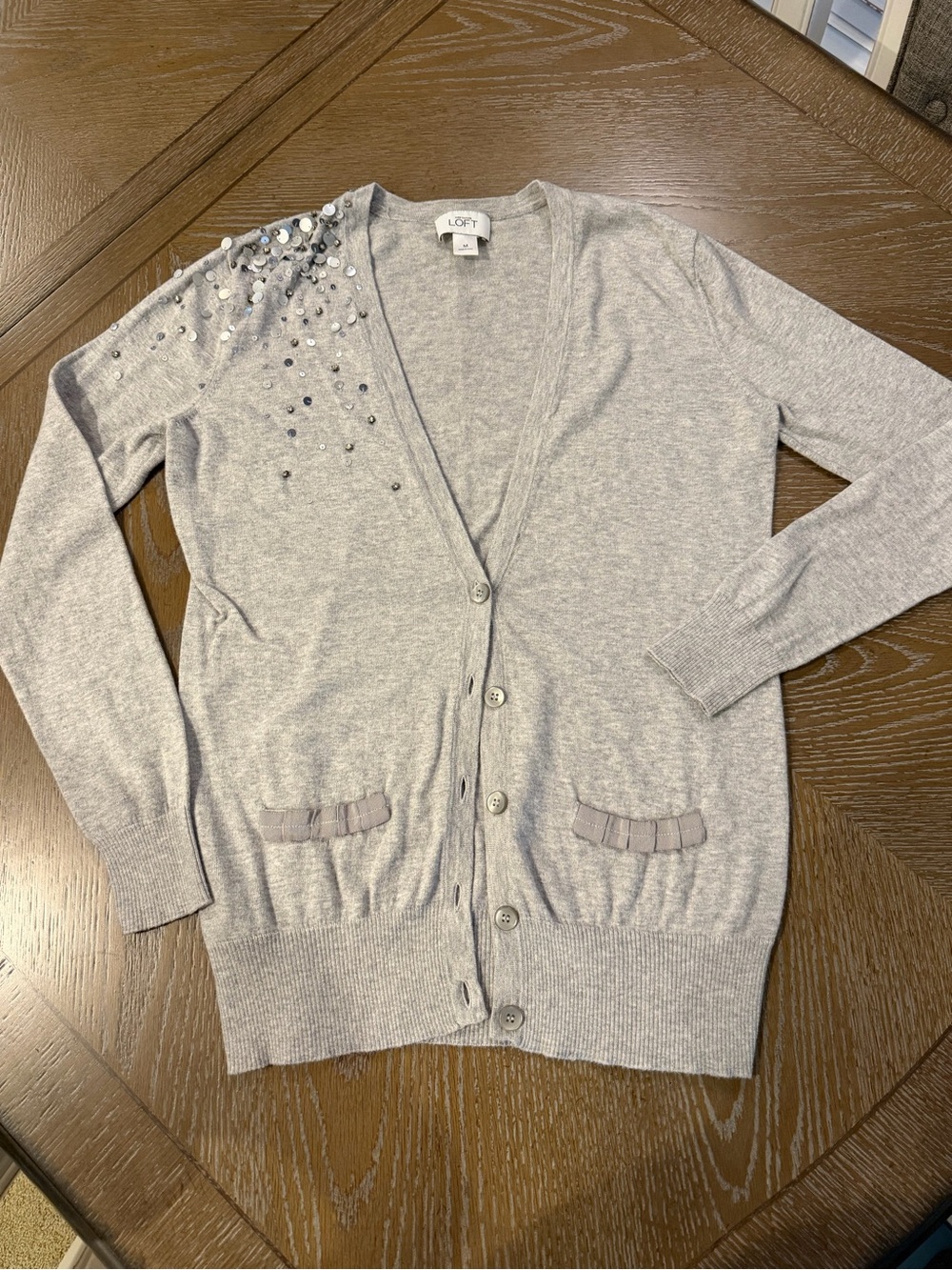 LOFT Light Gray Sequin Bead Embellished V-Neck Button Cardigan Medium